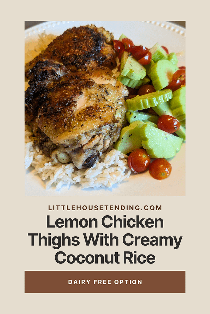 Pinterest pin of lemon chicken thighs with creamy coconut rice.